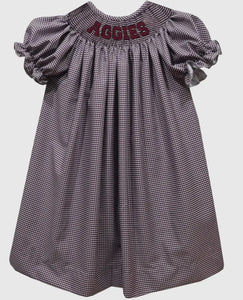 Ready to ship-Texas AM Aggies Smocked Maroon Gingham Short Sleeve Bishop Dress - Image #1