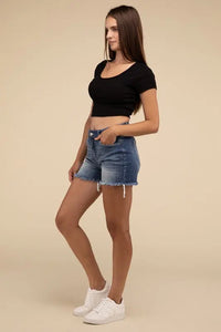 Mid Rise Raw Frayed Hem Denim Shorts - Image #5