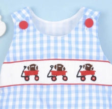 Load image into Gallery viewer, Smocked Football and Wagon Blue Check Boy Bubble Romper - Image #1
