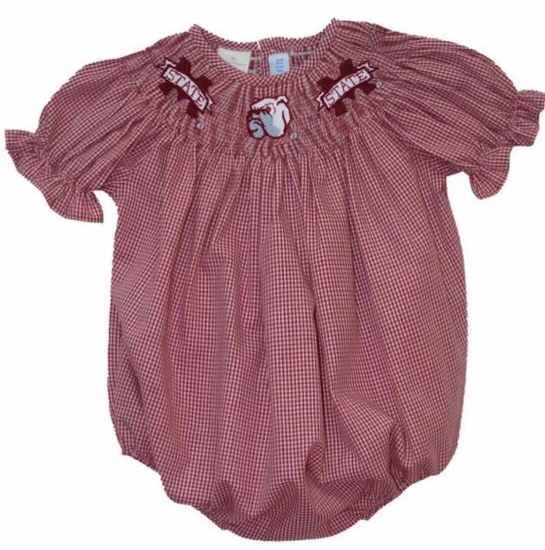 Ready to ship-Mississippi State Bulldogs Smocked Maroon Gingham Short Sleeve Bubble - Image #1