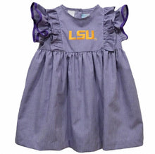 Load image into Gallery viewer, Ready to ship-LSU Tigers Embroidered Purple Gingham Ruffle Dress - Image #1
