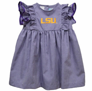 Ready to ship-LSU Tigers Embroidered Purple Gingham Ruffle Dress - Image #1