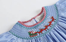 Load image into Gallery viewer, Light Blue Santa and Sleigh Smocked Bishop Dress - Image #2
