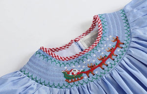 Light Blue Santa and Sleigh Smocked Bishop Dress - Image #2