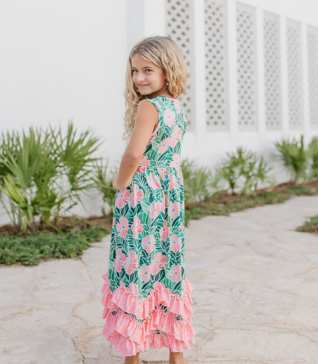 3 Tiered Green Tropical Ruffles Dress - Abbies Place