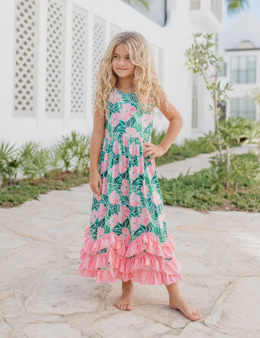 3 Tiered Green Tropical Ruffles Dress - Abbies Place