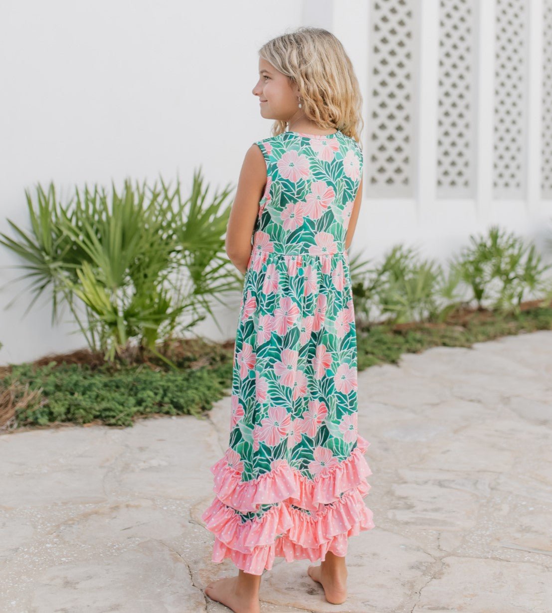 3 Tiered Green Tropical Ruffles Dress - Abbies Place
