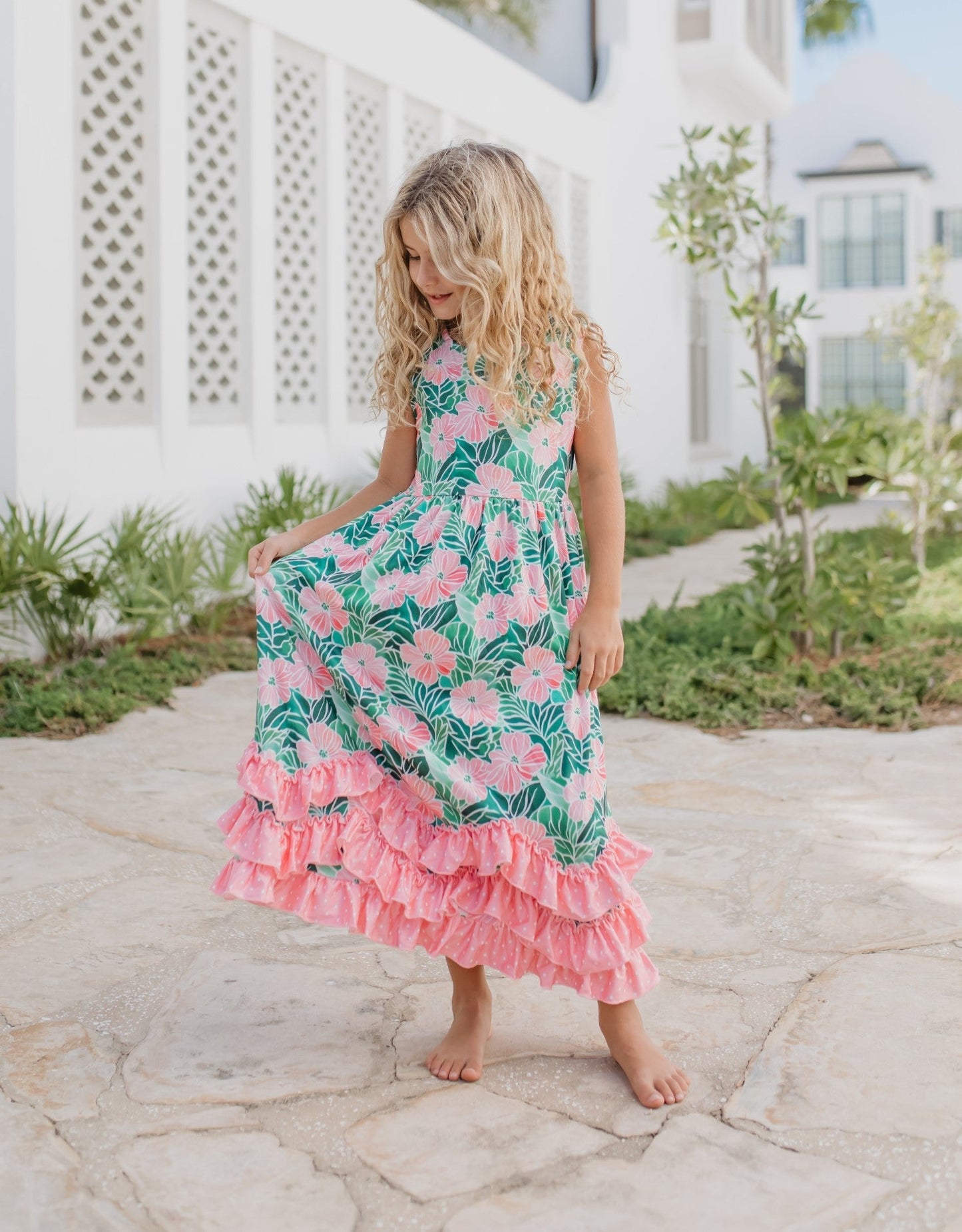 3 Tiered Green Tropical Ruffles Dress - Abbies Place