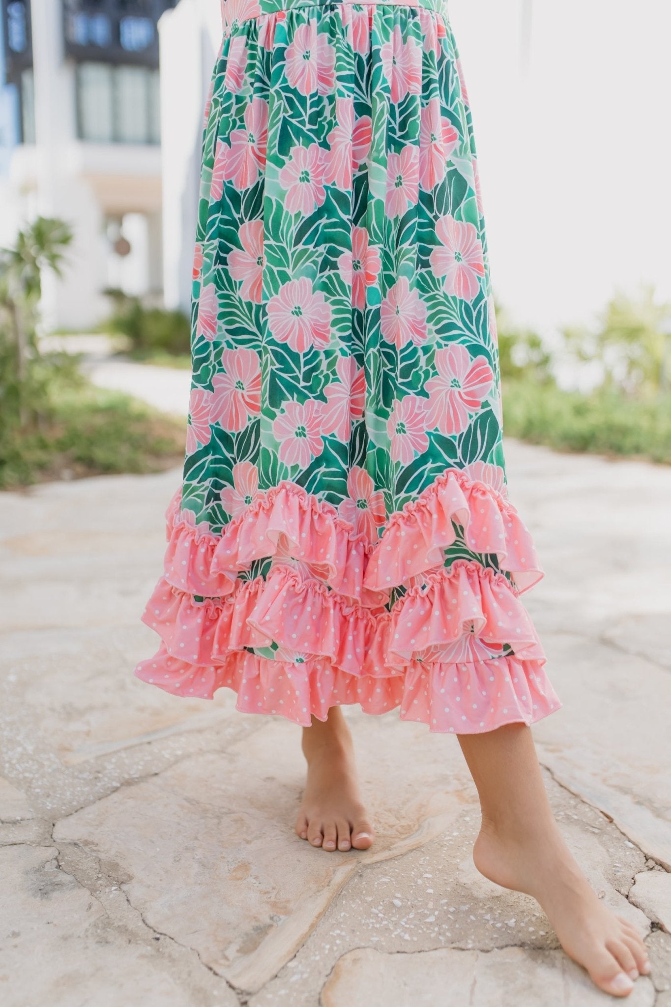 3 Tiered Green Tropical Ruffles Dress - Abbies Place