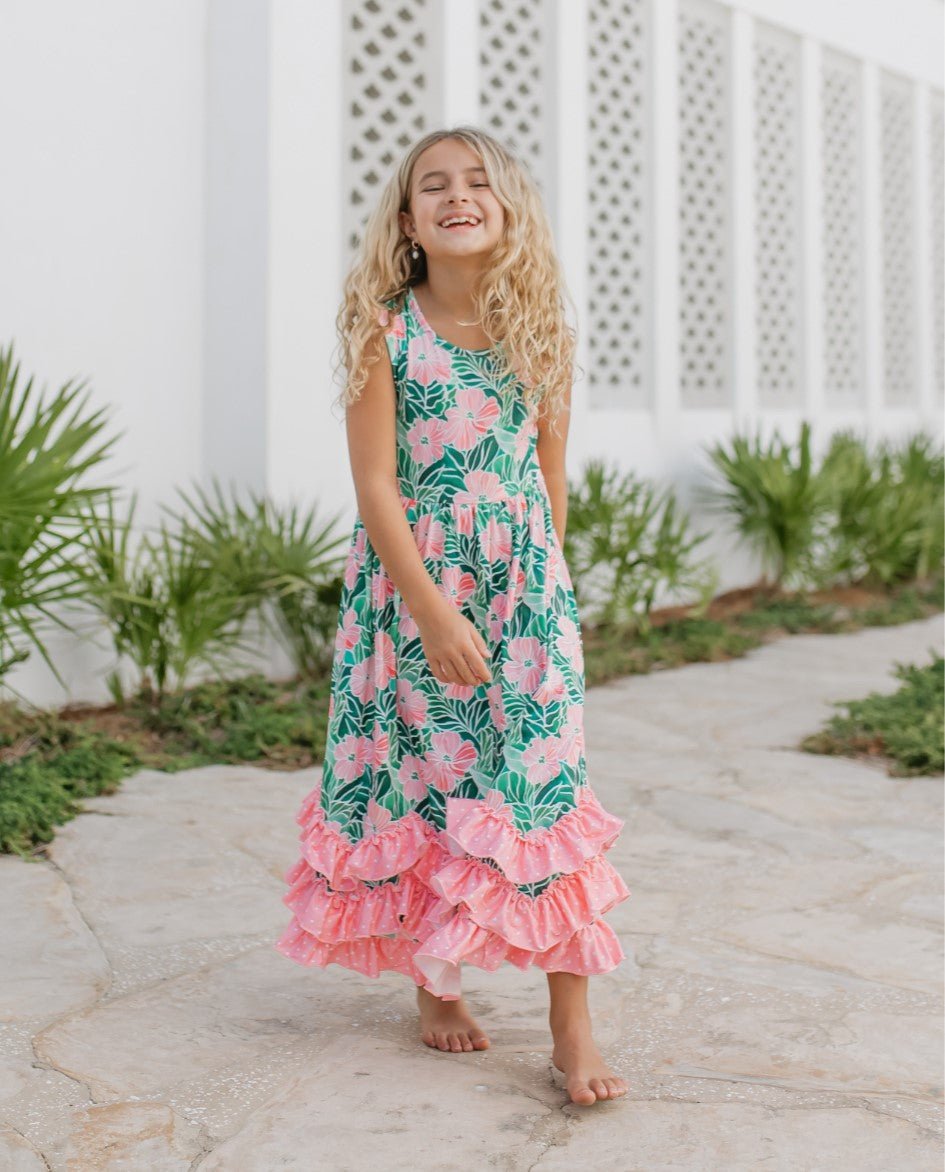 3 Tiered Green Tropical Ruffles Dress - Abbies Place