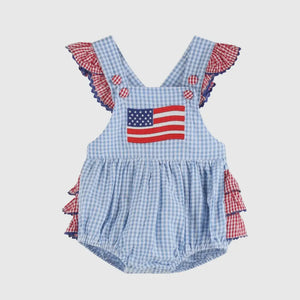 Light Blue and Red Gingham USA Flag Ruffle Romper - Image #1