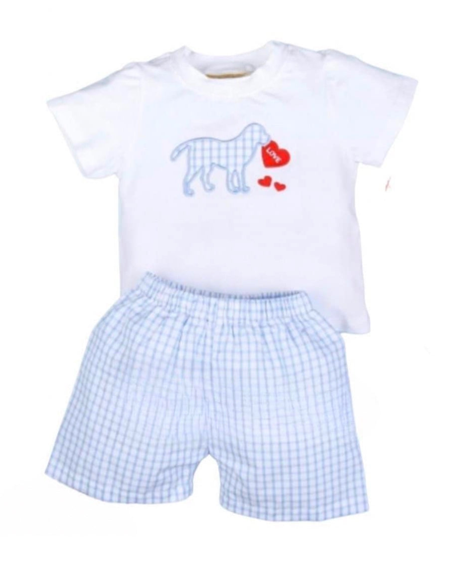 Valentine Boy Heart and Dog Applique Short Set