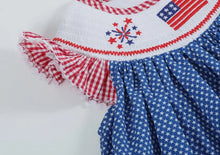 Load image into Gallery viewer, Star Print USA Flag and Fireworks Smocked Bishop Dress - Image #2
