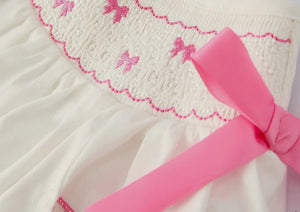 Fall White Girls Dress with Pink Bow Embroidery-Ships 10/10