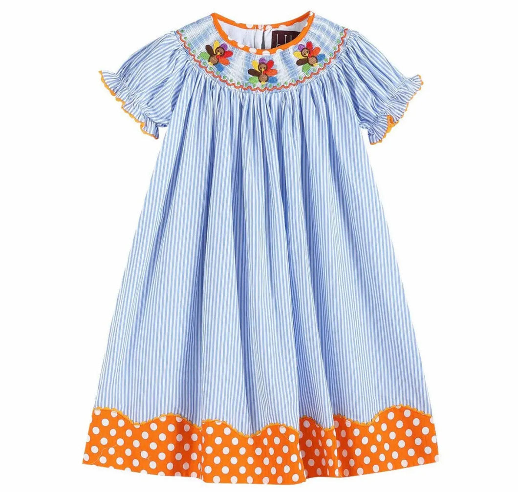 Blue And Orange Stripe Turkey Smocked Bishop Dress - Image #1