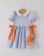 Fall Thanksgiving and Halloween Lapel Stripe Pumpkin Applique Bow Girls Dress-Ships 10/15
