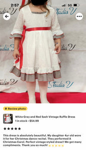 White Gray and Red Sash Vintage Ruffle Dress-4T