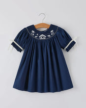 Load image into Gallery viewer, Christmas Navy Blue Nativity Smocking Embroidered Dress-Ships 10/15
