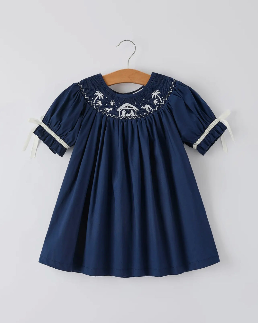 Christmas Navy Blue Nativity Smocking Embroidered Dress-Ships 10/15