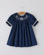 Christmas Navy Blue Nativity Smocking Embroidered Dress-Ships 10/15