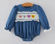 Valentine's Day Heart Letters Smocking Embroidered Lace Girls Romper - Image #1