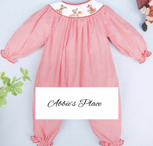 Christmas Deer Smocked Long Gingham Baby Bubble - Image #1