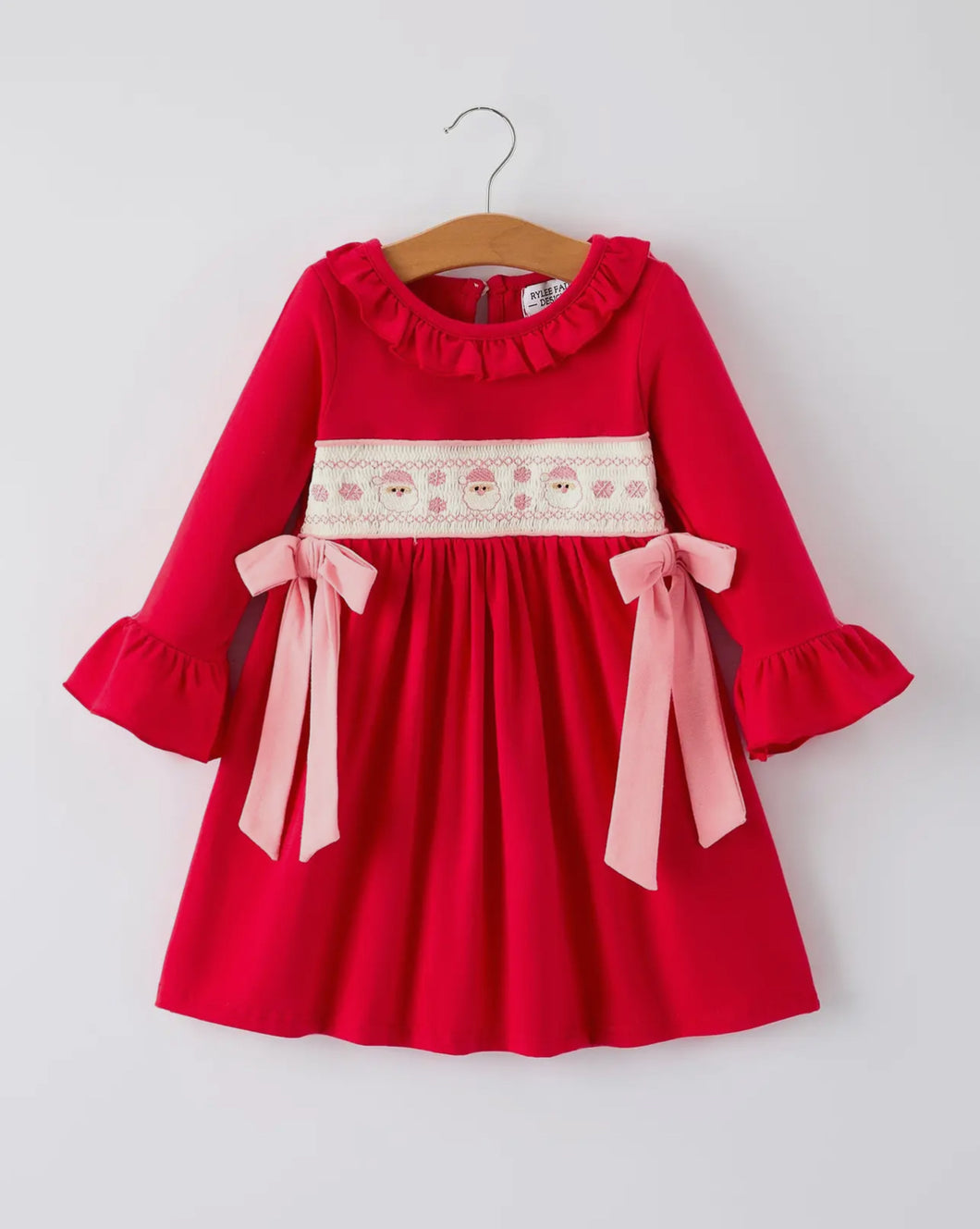 Christmas Smocked Embroidery Girls Dress with Pink Ribbon Ties