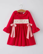 Christmas Smocked Embroidery Girls Dress with Pink Ribbon Ties