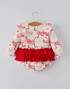 Preorder-Girls Valentine Romper with Heart Print and Bowknot Design-Ships 11/20
