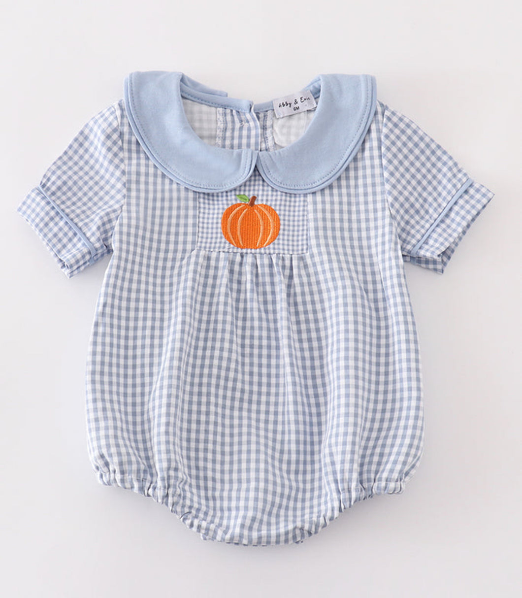 Blue gingham pumpkin embroidery boy bubble