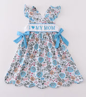 Premium blue floral I love mom embroidery dress