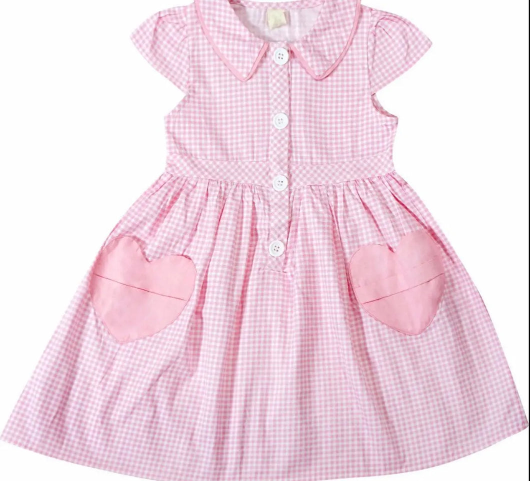 Baby Girls Heart Pocket Pink Gingham Dress - Image #1