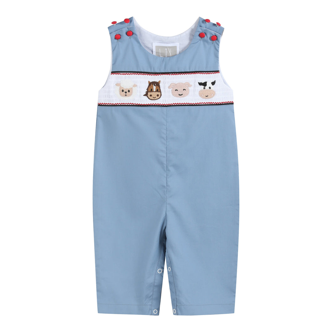 Blue Farm Animals Smocked Overalls