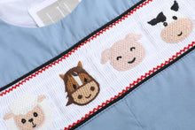 Load image into Gallery viewer, Blue Farm Animals Smocked Overalls

