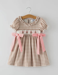 Christmas Vintage-Style Plaid Dress with Embroidered Gingerbread and Bows-Ships 10/30