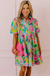 Women Floral Puff Sleeve Buttoned Babydoll Dress - Image #2