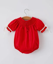 Load image into Gallery viewer, Christmas Gingerbread Embroidery Red Baby Girls Romper with Bow-Ships by 10/15
