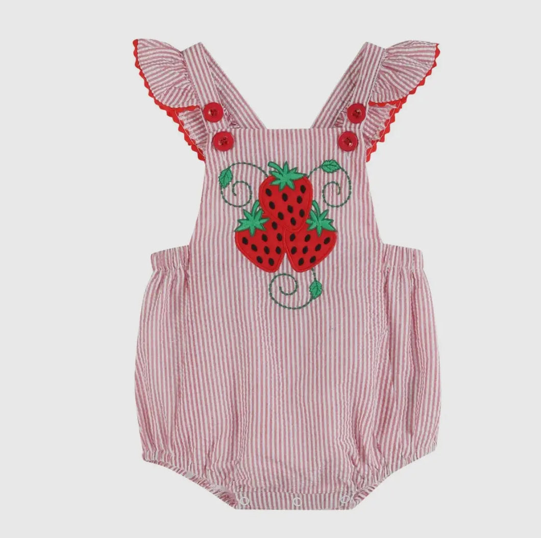 Red Seersucker Strawberry Ruffle Romper - Image #1