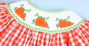 Pumpkin Hand Smocked Girl Long Bubble - Image #2