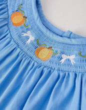 Load image into Gallery viewer, Blue Fall Thanksgiving&amp;Halloween
Pumpkin Smock Embroidery Lace Baby Girl Dress-Ships 10/15
