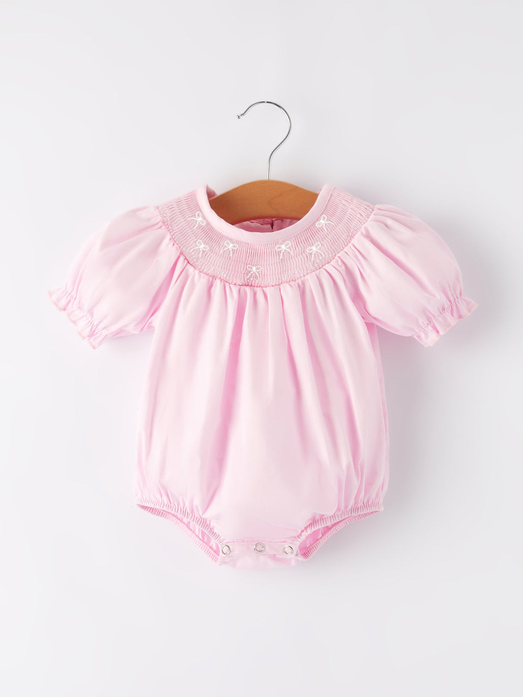 White Bow Smock Embroidered Pink Romper