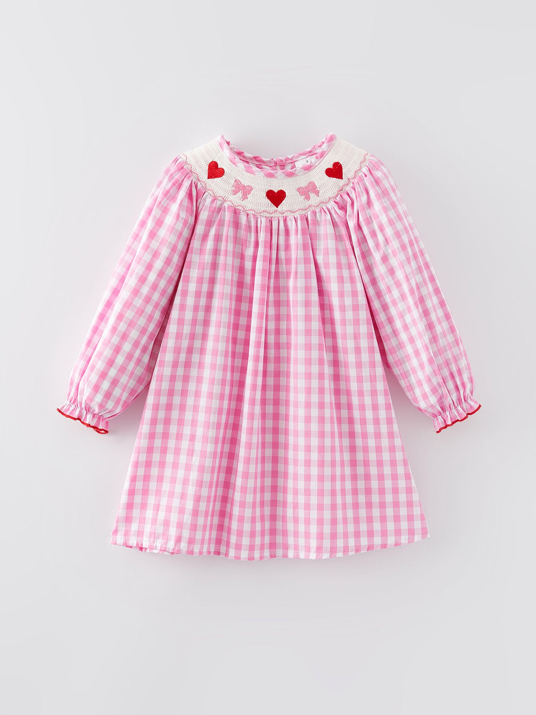 Valentine's Day Heart Bow Smocking Embroidered Pink Dress