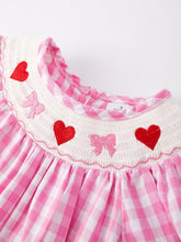 Load image into Gallery viewer, Valentine&#39;s Day Heart Bow Smocking Embroidered Pink Dress
