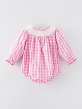 Load image into Gallery viewer, Valentine&#39;s Day Heart Bow Smocking Embroidered Pink Romper
