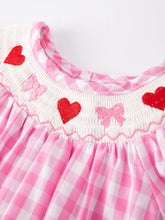 Load image into Gallery viewer, Valentine&#39;s Day Heart Bow Smocking Embroidered Pink Romper
