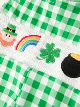 Load image into Gallery viewer, St. Patrick's Day  shamrock Smocking Embroidered Green Plaid Boys' Romper
