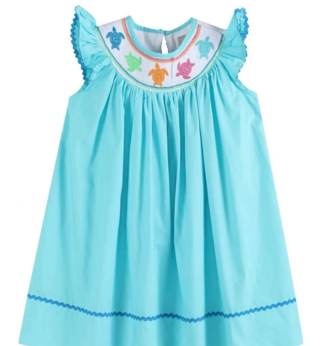 Rainbow Turtle Smocked Bishop Dress - Image #1