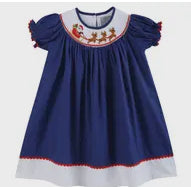 Load image into Gallery viewer, Royal Blue Santa and Sleigh Smocked Dress
