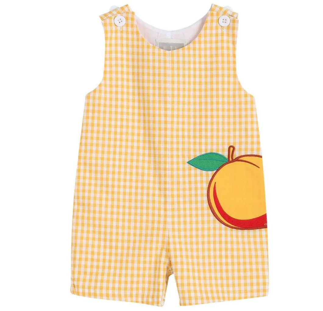 Light Orange Gingham Peach Applique Overalls - Image #1