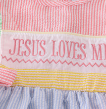 Load image into Gallery viewer, Easter seersucker Jesus loves me embroidery dress
